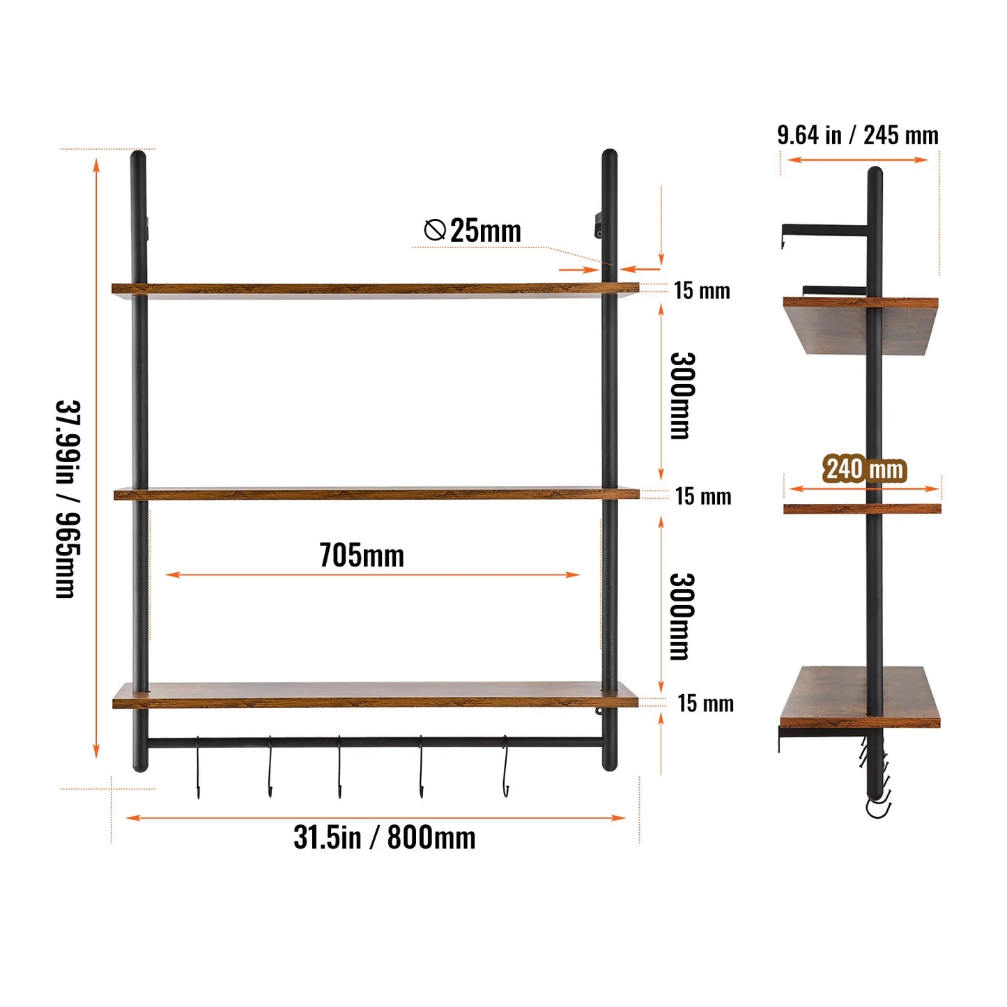 SucceBuy Industrial Pipe Shelf Wall Mount Floating Rustic Wood Shelves Brackets
