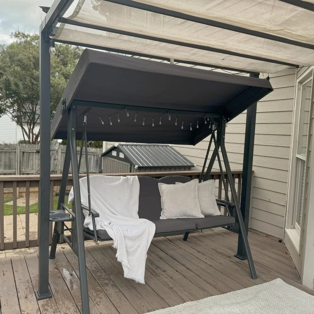 Outdoor Patio Porch Swing with Stand, 3-seat Swing Chair with Adjustable Tilt Canopy All-Weather Steel Frame for Backyard Front