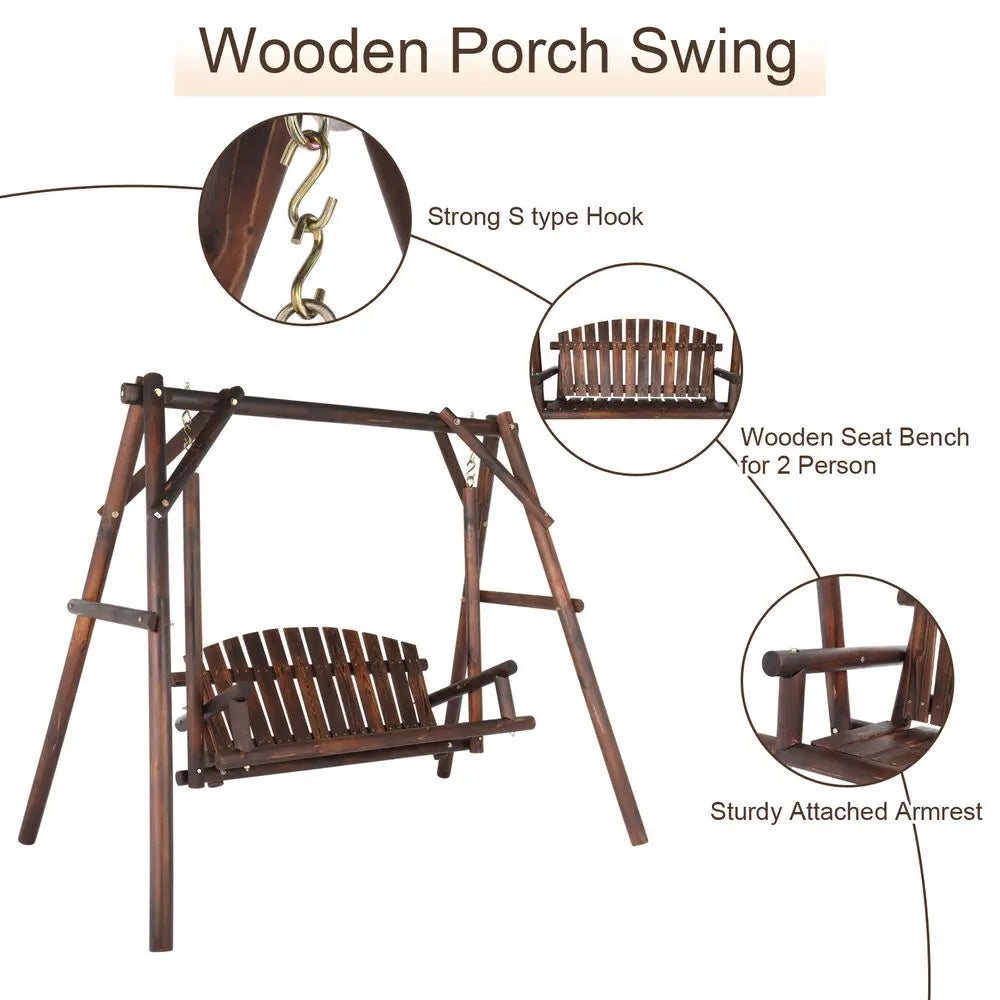 Freestanding Wood Adirondack Swing Rustic Farmhouse Style 2 Person