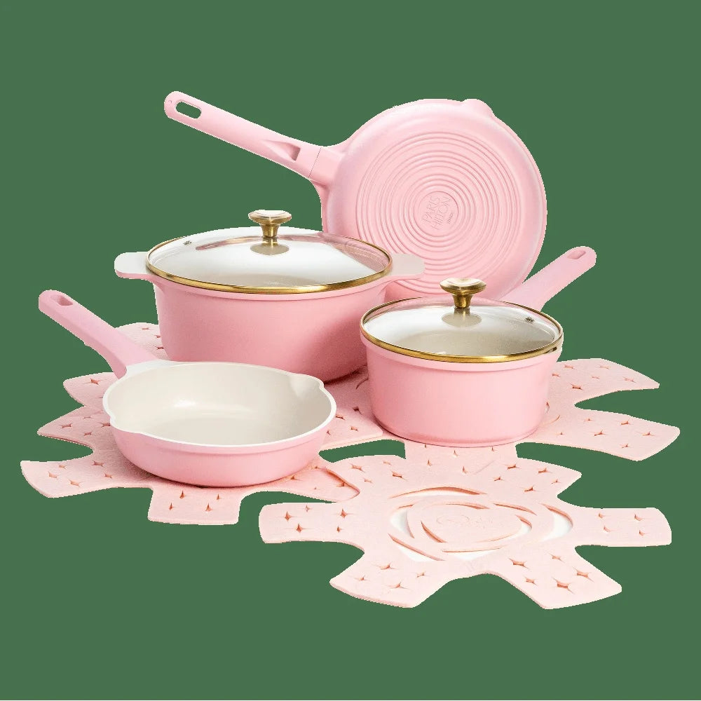10 Piece Clean Ceramic Nonstick Cookware Set with Heart Shaped Knobs Fast Heating Durable Cast Aluminum Dishwasher Safe Home