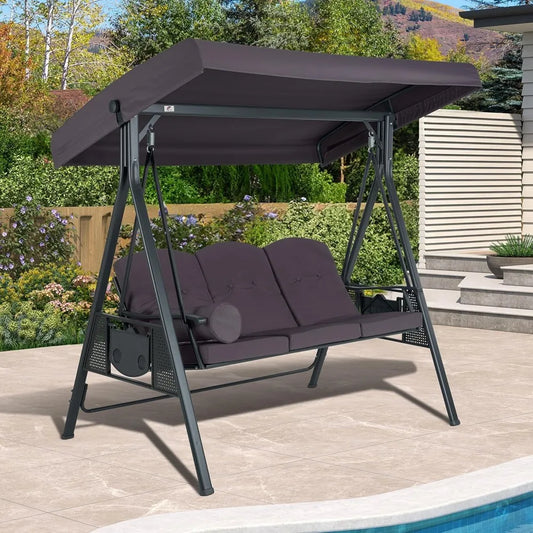 Outdoor Patio Porch Swing with Stand, 3-seat Swing Chair with Adjustable Tilt Canopy All-Weather Steel Frame for Backyard Front