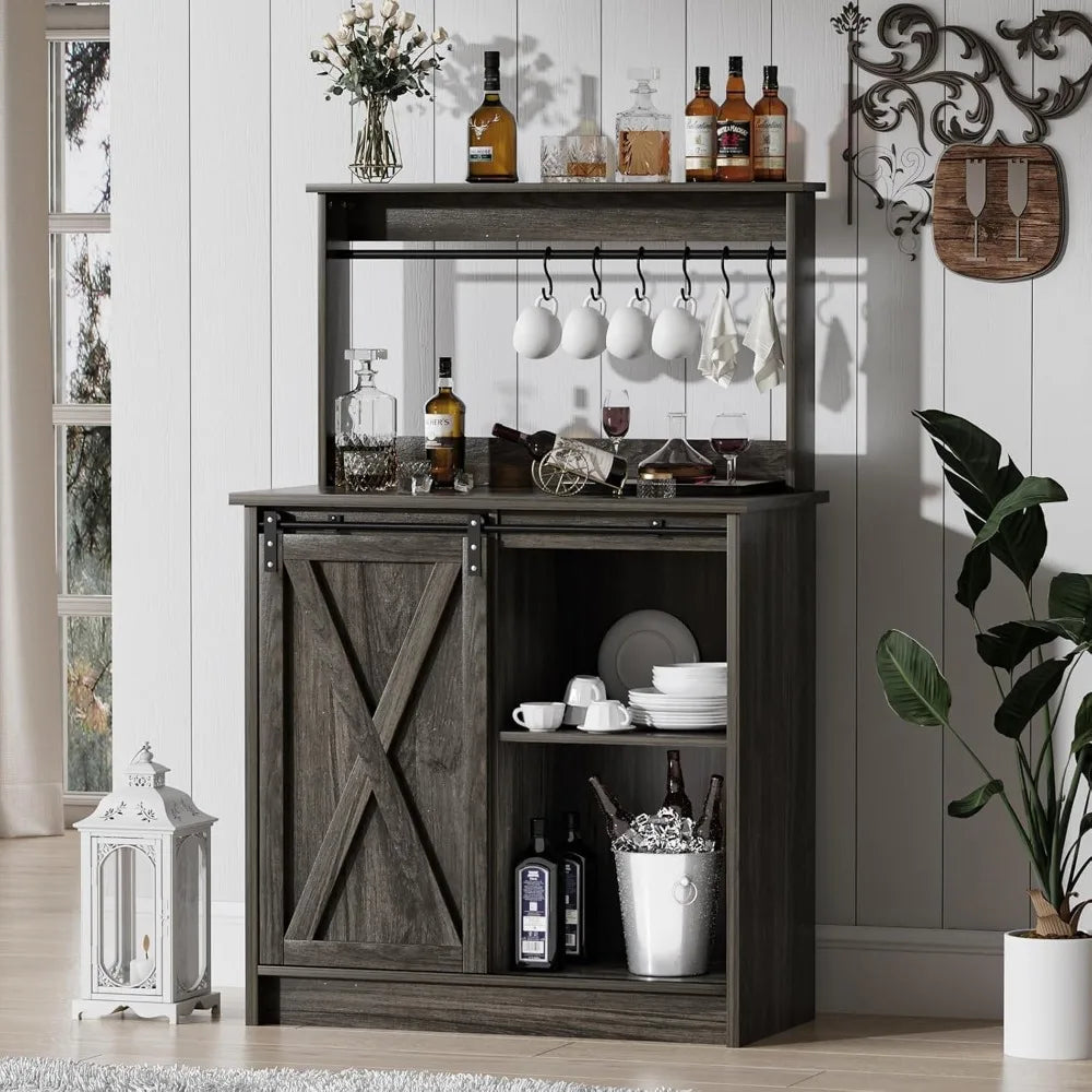Farmhouse Coffee Bar with Hutch,Buffet Cabinet with Sliding Barn Door, Storage Bar Cabinet with  Hook Coffee Bar Table
