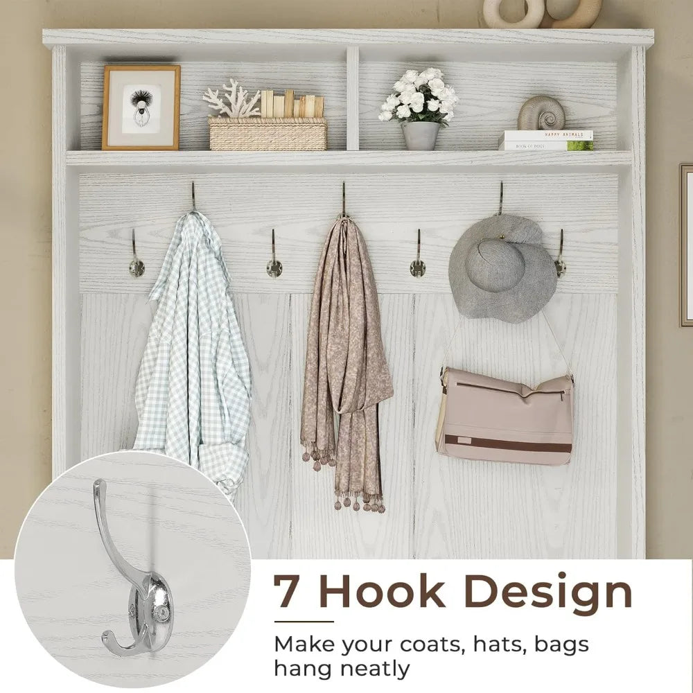 Hall Tree with Storage Bench, 3-in-1 Entryway Bench with Coat Rack, Adjustable Shoe Storage and Hanging Hooks, Embossed White