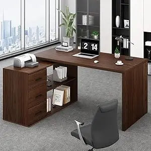 L Shape Desk With Drawers And Storage Cabinet Shelves