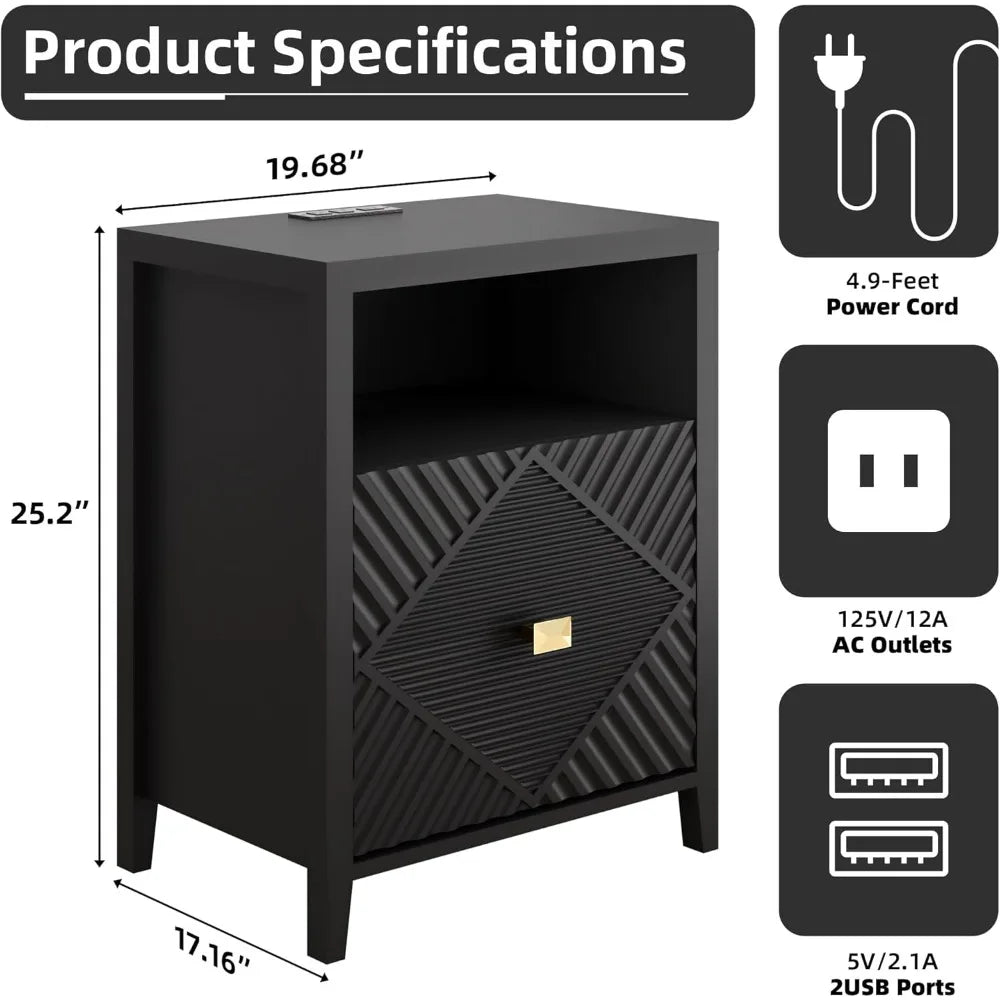 Modern Nightstands With Charging Station Set Of Two