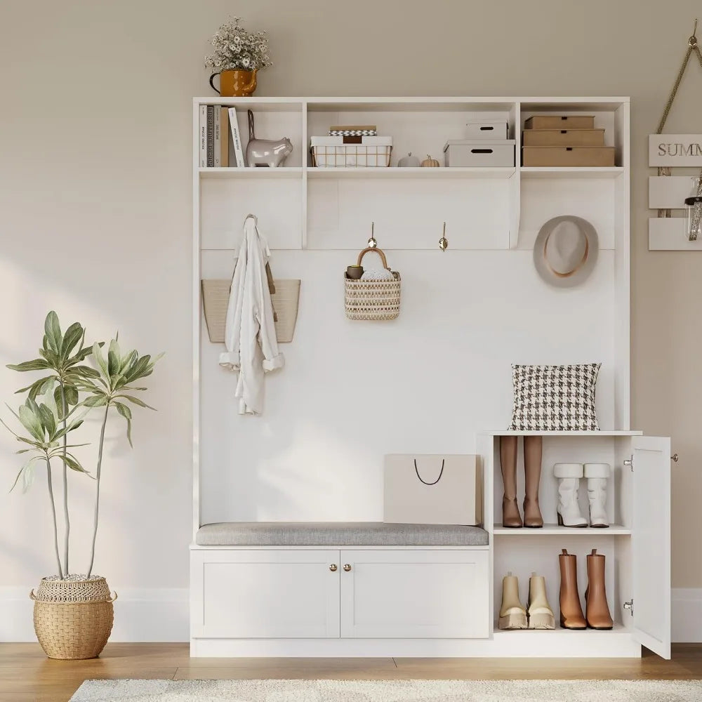 in Hall Tree 5-in-1 Modern Entryway Bench with Coat Rack & Storage, Hall Tree with 4 Hanging Hooks, 3 Open Compartments & Adjust