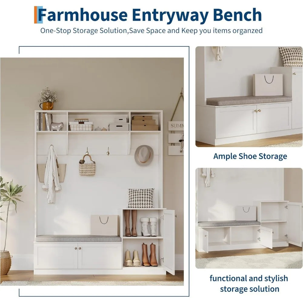 in Hall Tree 5-in-1 Modern Entryway Bench with Coat Rack & Storage, Hall Tree with 4 Hanging Hooks, 3 Open Compartments & Adjust