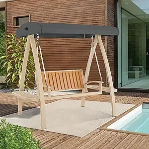 2-Person Patio Swing Chair, Luxury Outdoor Porch Swing with Wooden Finish Coated Seat for Garden, Balcony, Poolside 4458 (Grey)