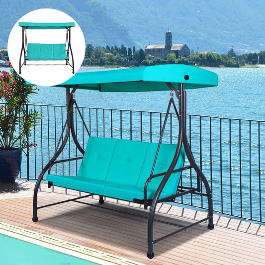 3 Seats Porch Swings, Outdoor Swing Chairs with Adjustable Tilt Canopy and Cushions, Heavy Duty Patio Swing for Outside Inside K