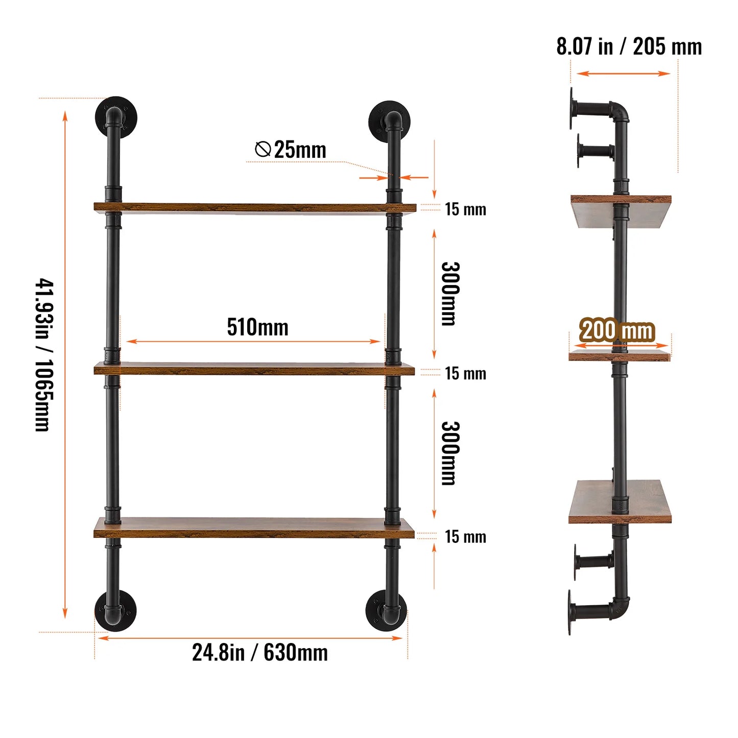 SucceBuy Industrial Pipe Shelf Wall Mount Floating Rustic Wood Shelves Brackets