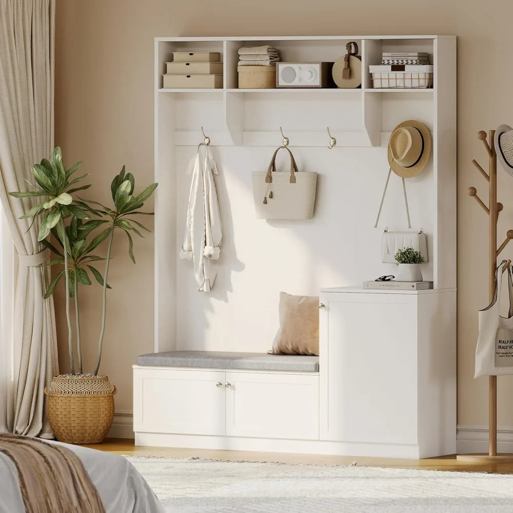 in Hall Tree 5-in-1 Modern Entryway Bench with Coat Rack & Storage, Hall Tree with 4 Hanging Hooks, 3 Open Compartments & Adjust