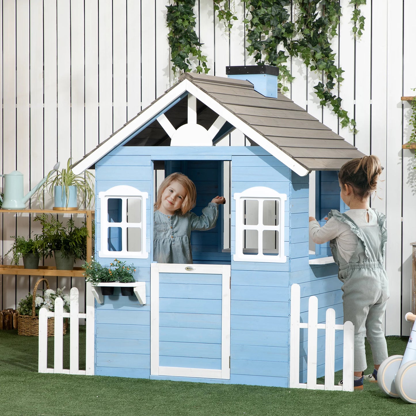Outsunny Playhouse for Kids Outdoor, Country Style Wooden Playhouse with Flower Pot Holders, Working Door, Windows