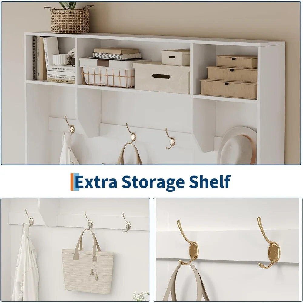 in Hall Tree 5-in-1 Modern Entryway Bench with Coat Rack & Storage, Hall Tree with 4 Hanging Hooks, 3 Open Compartments & Adjust