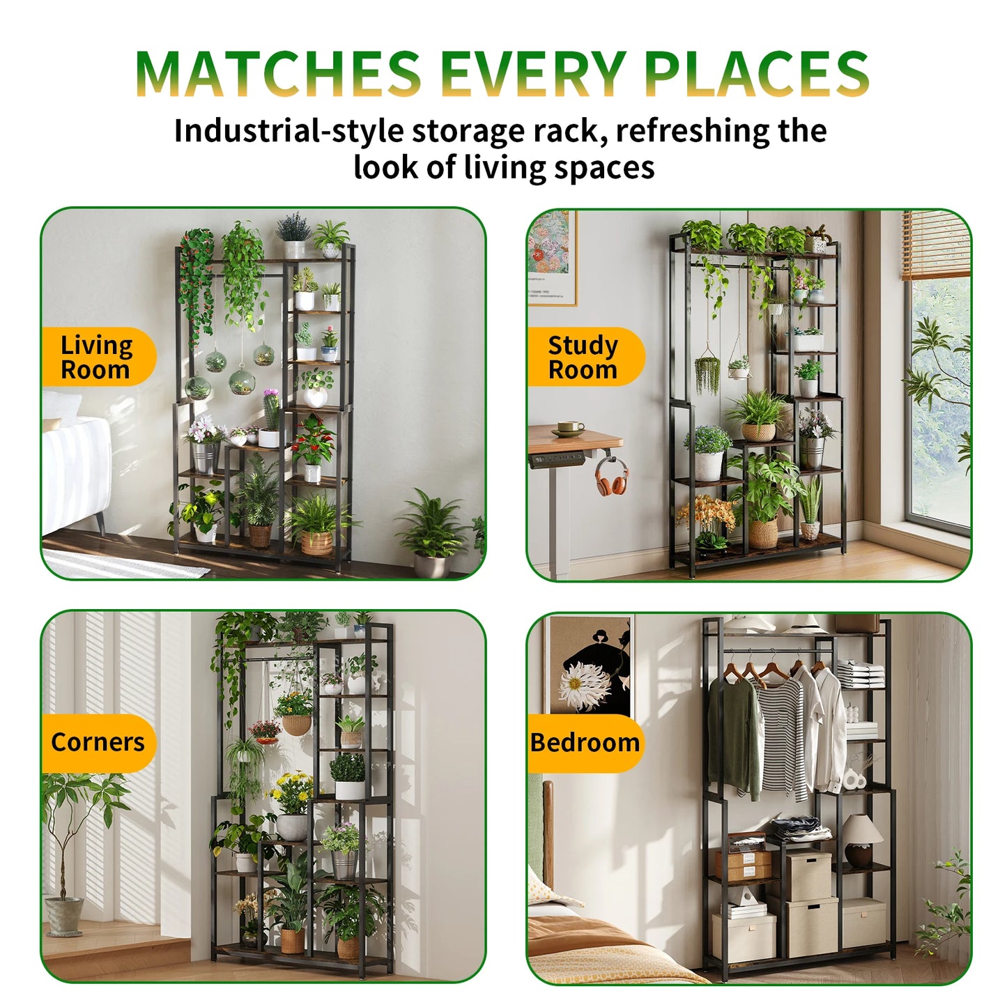 Open Garment Clothing Rack with Hanging Rod, Free-Standing Heavy Duty Storage Plant Stand for Plants, Flower, Books Decor Items
