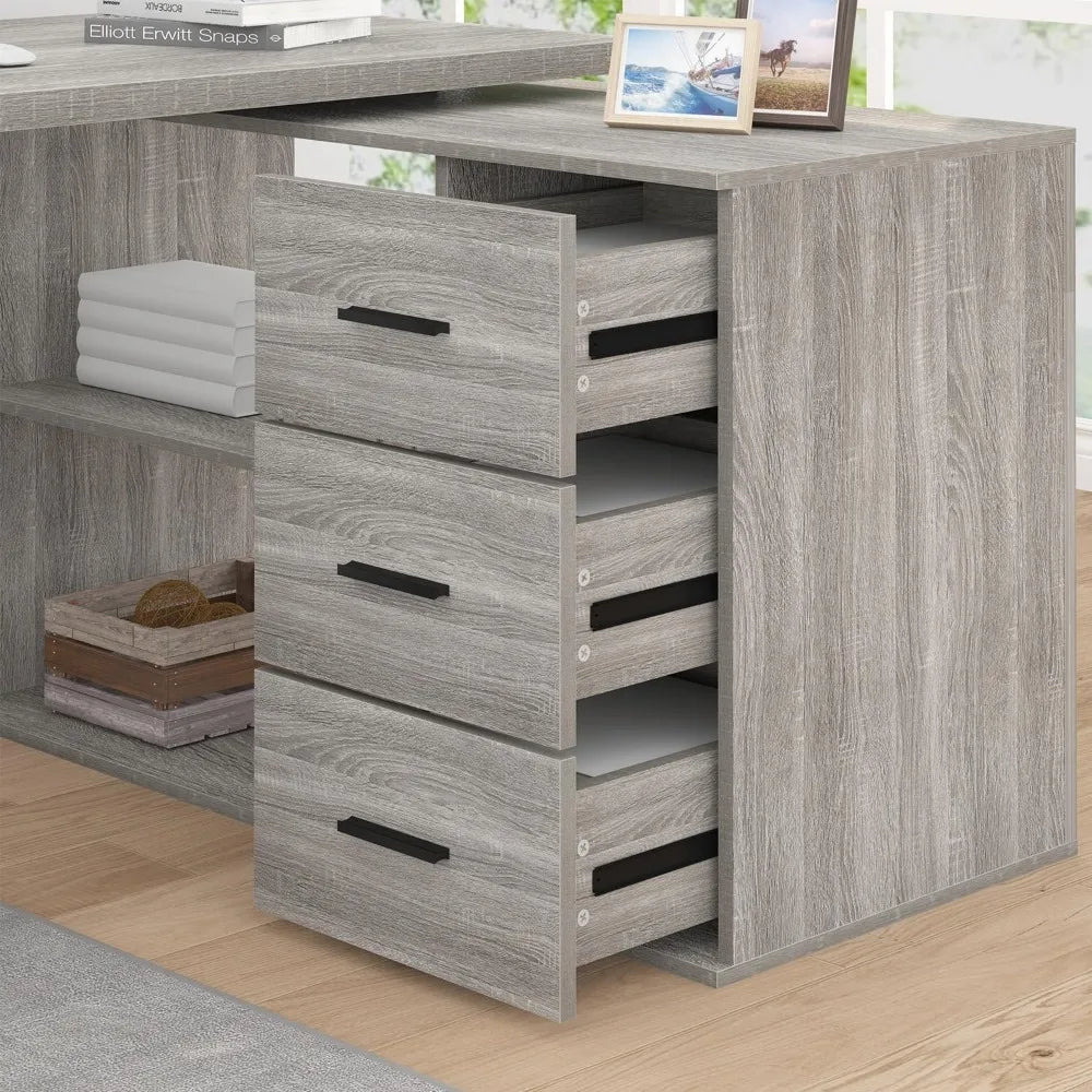 L Shape Desk With Drawers And Storage Cabinet Shelves