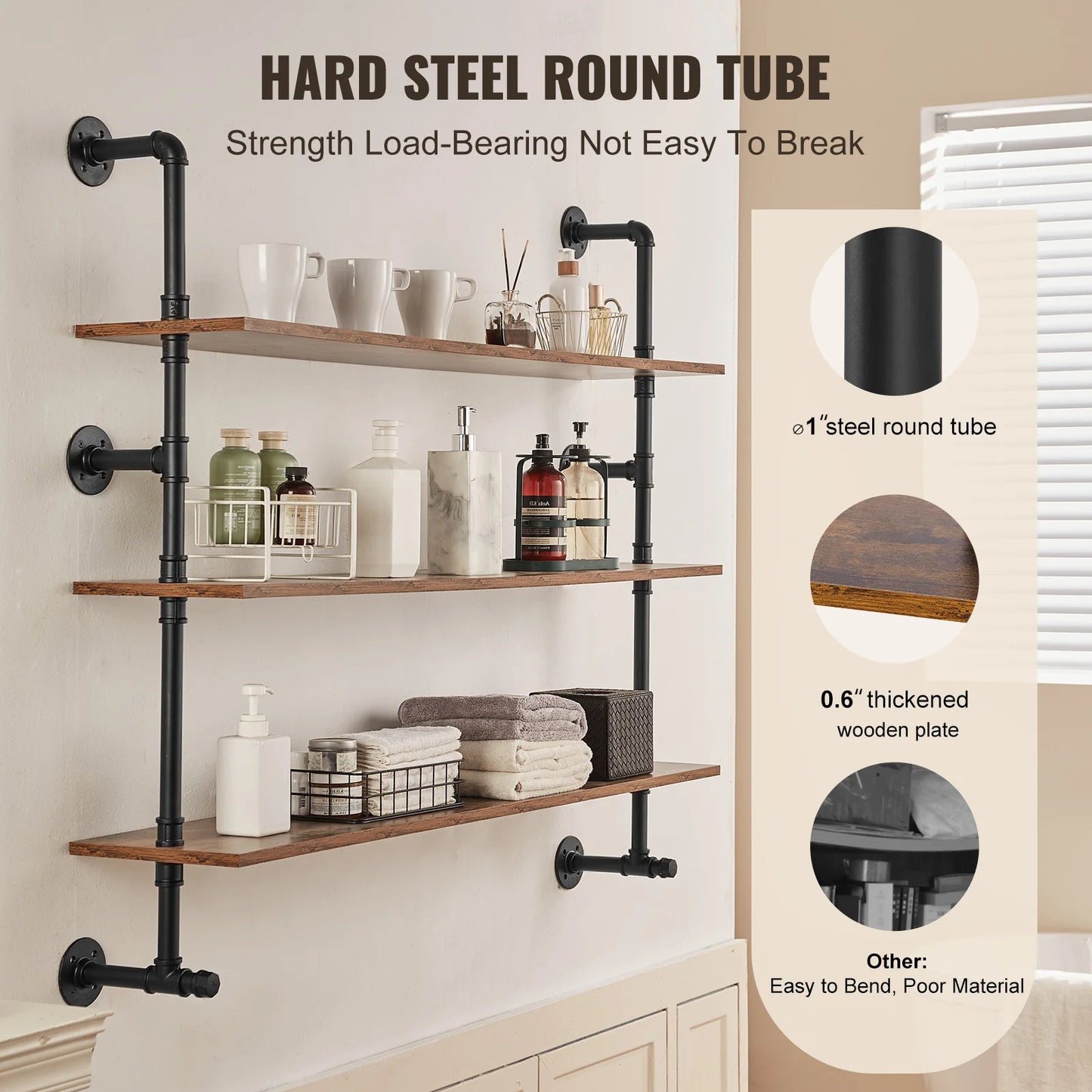 SucceBuy Industrial Pipe Shelf Wall Mount Floating Rustic Wood Shelves Brackets