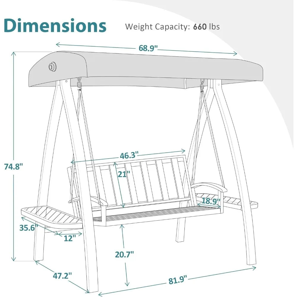 2-Person Patio Swing Chair, Luxury Outdoor Porch Swing with Wooden Finish Coated Seat for Garden, Balcony, Poolside 4458 (Grey)