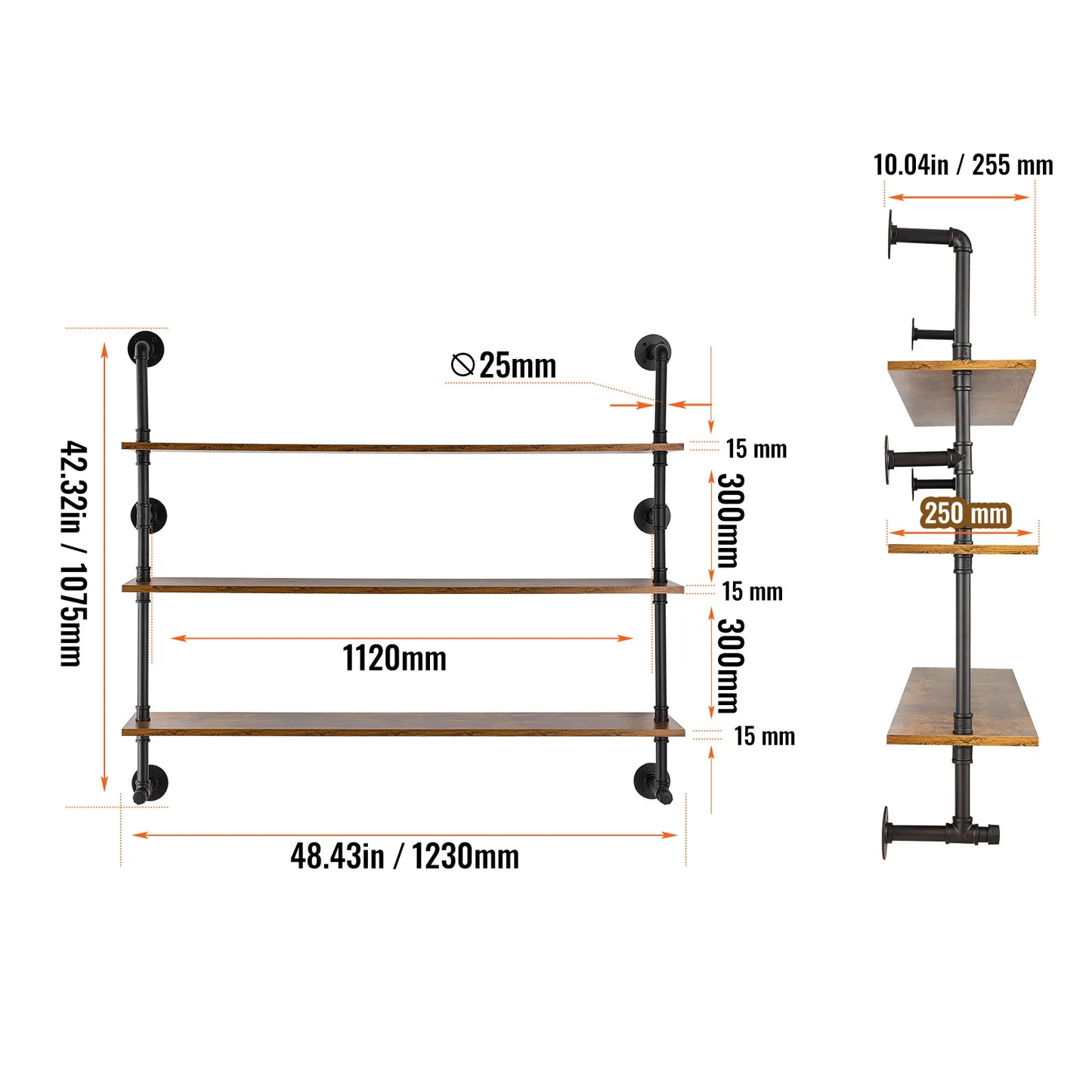 SucceBuy Industrial Pipe Shelf Wall Mount Floating Rustic Wood Shelves Brackets
