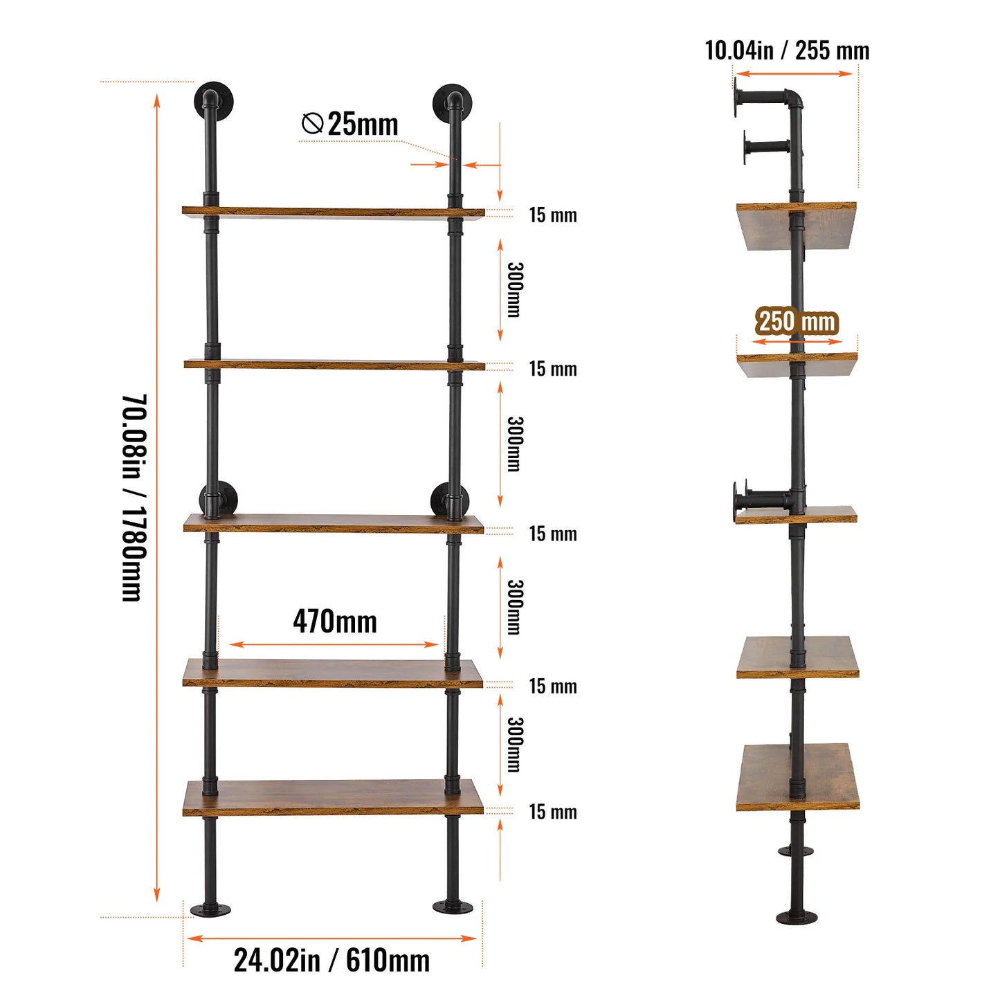 SucceBuy Industrial Pipe Shelf Wall Mount Floating Rustic Wood Shelves Brackets