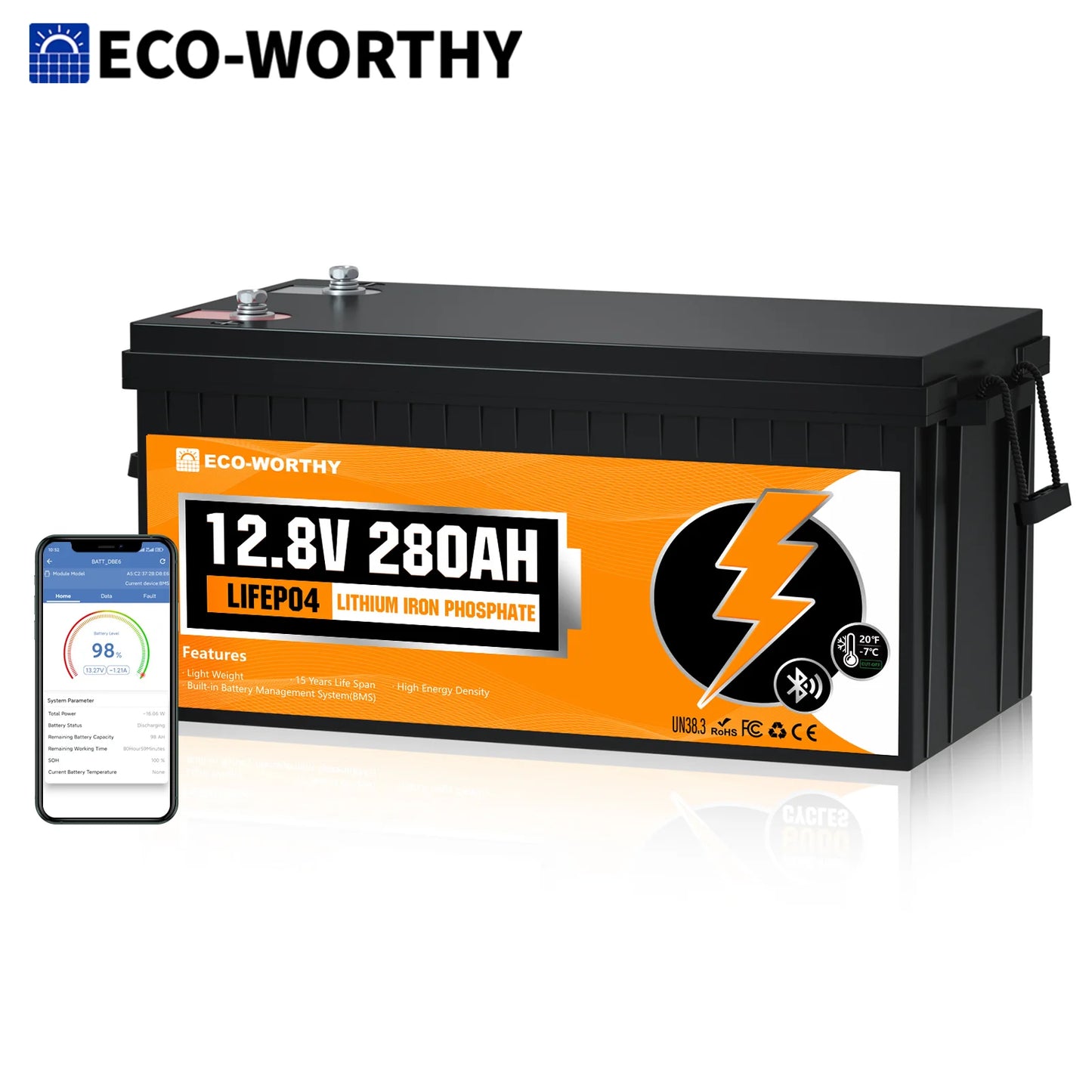 ECO-WORTHY 3584Wh 12V 280Ah LiFePO4 RV Battery w/Bluetooth & Low Temp Cutoff - Built-in 200A BMS - Deep Cycle for Camper, Traile