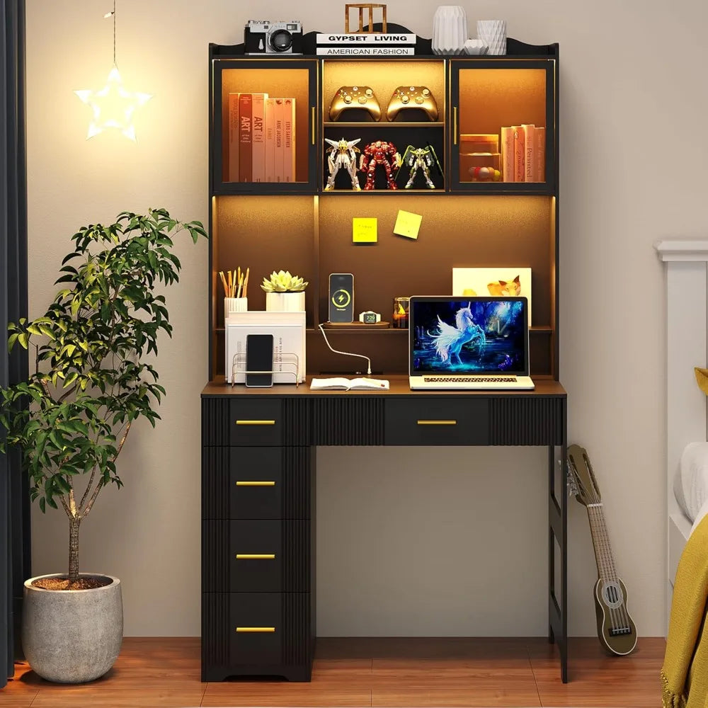 LED Study Desk With Hutch And Charging Station For Office