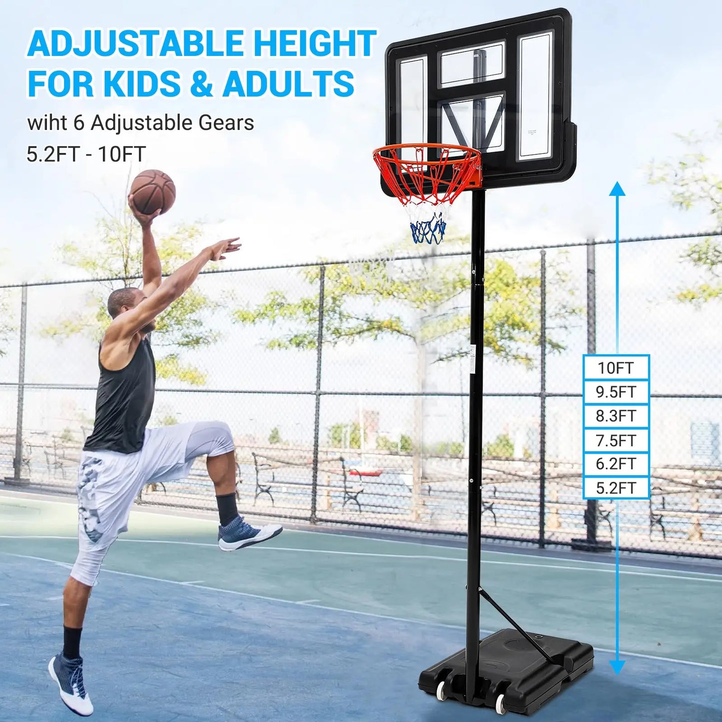 Portable Basketball Hoop 5.2-10FT Adjustable Basketball Goal System, 44 Inch Outdoor Hoop & Goals for Kids, Youth, and Adults