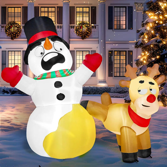 JOYFY 6.6 FT Long Christmas Inflatable Decoration Reindeer Peeing on Snowman with Build-in LEDs for Xmas Party Yard Garden Décor