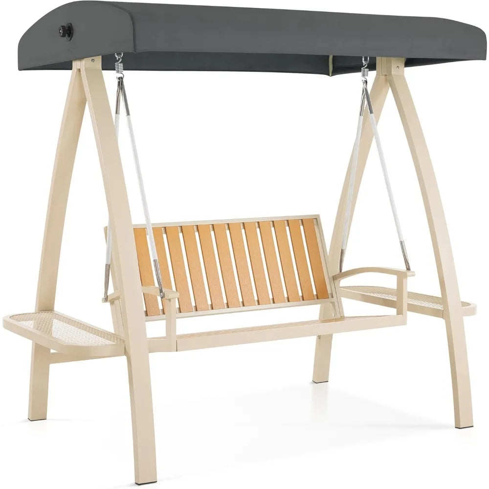 2-Person Patio Swing Chair, Luxury Outdoor Porch Swing with Wooden Finish Coated Seat for Garden, Balcony, Poolside 4458 (Grey)