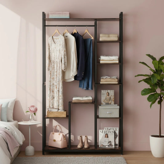 Open Garment Clothing Rack with Hanging Rod, Free-Standing Heavy Duty Storage Plant Stand for Plants, Flower, Books Decor Items