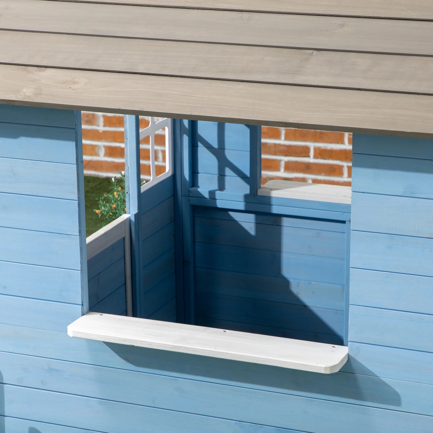 Outsunny Playhouse for Kids Outdoor, Country Style Wooden Playhouse with Flower Pot Holders, Working Door, Windows
