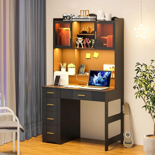 LED Study Desk With Hutch And Charging Station For Office