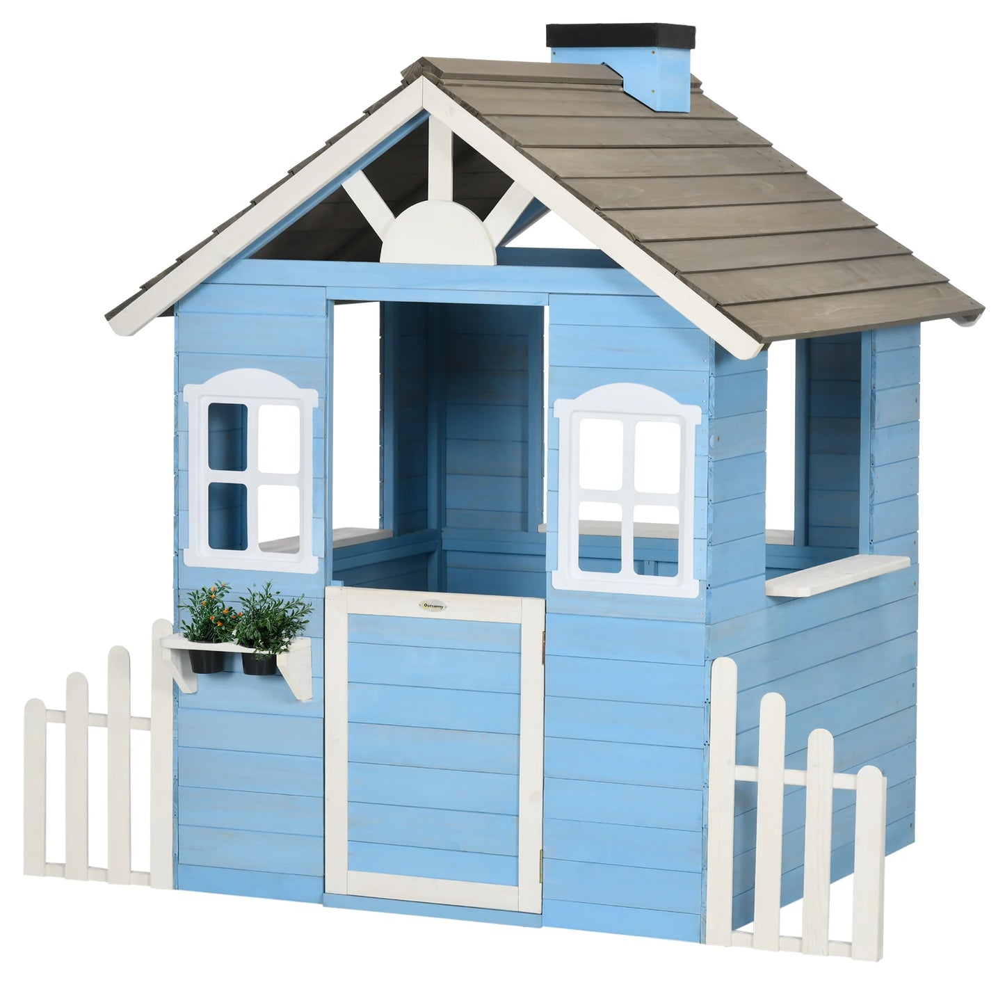 Outsunny Playhouse for Kids Outdoor, Country Style Wooden Playhouse with Flower Pot Holders, Working Door, Windows