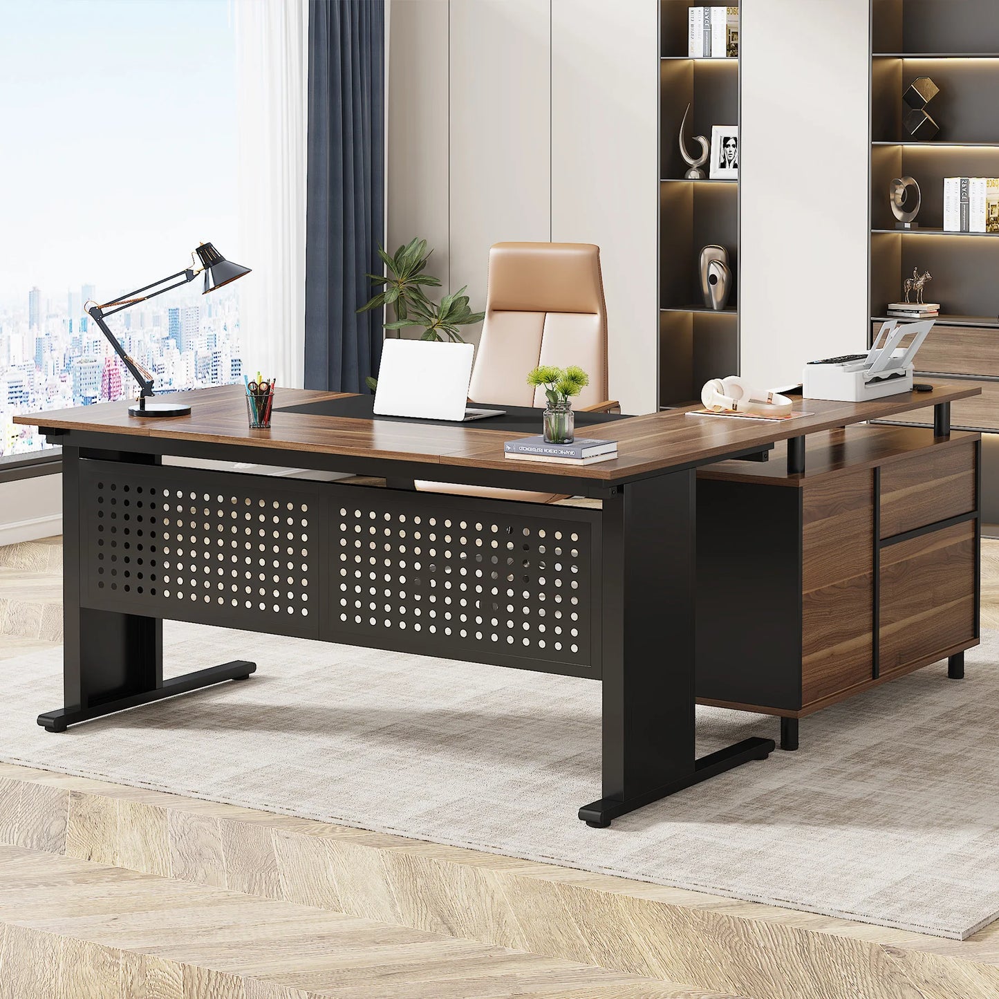 Tribesigns Executive Desk With File Cabinet And Storage Shelves