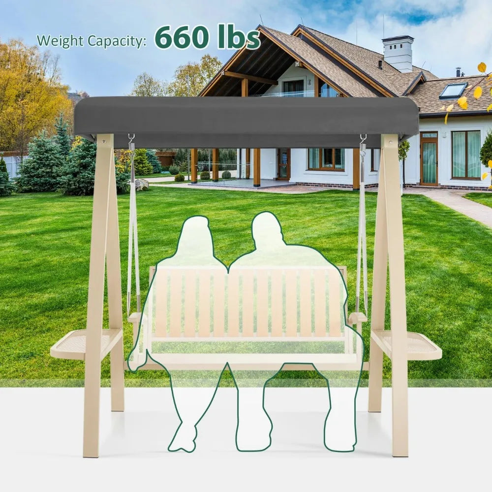 2-Person Patio Swing Chair, Luxury Outdoor Porch Swing with Wooden Finish Coated Seat for Garden, Balcony, Poolside 4458 (Grey)