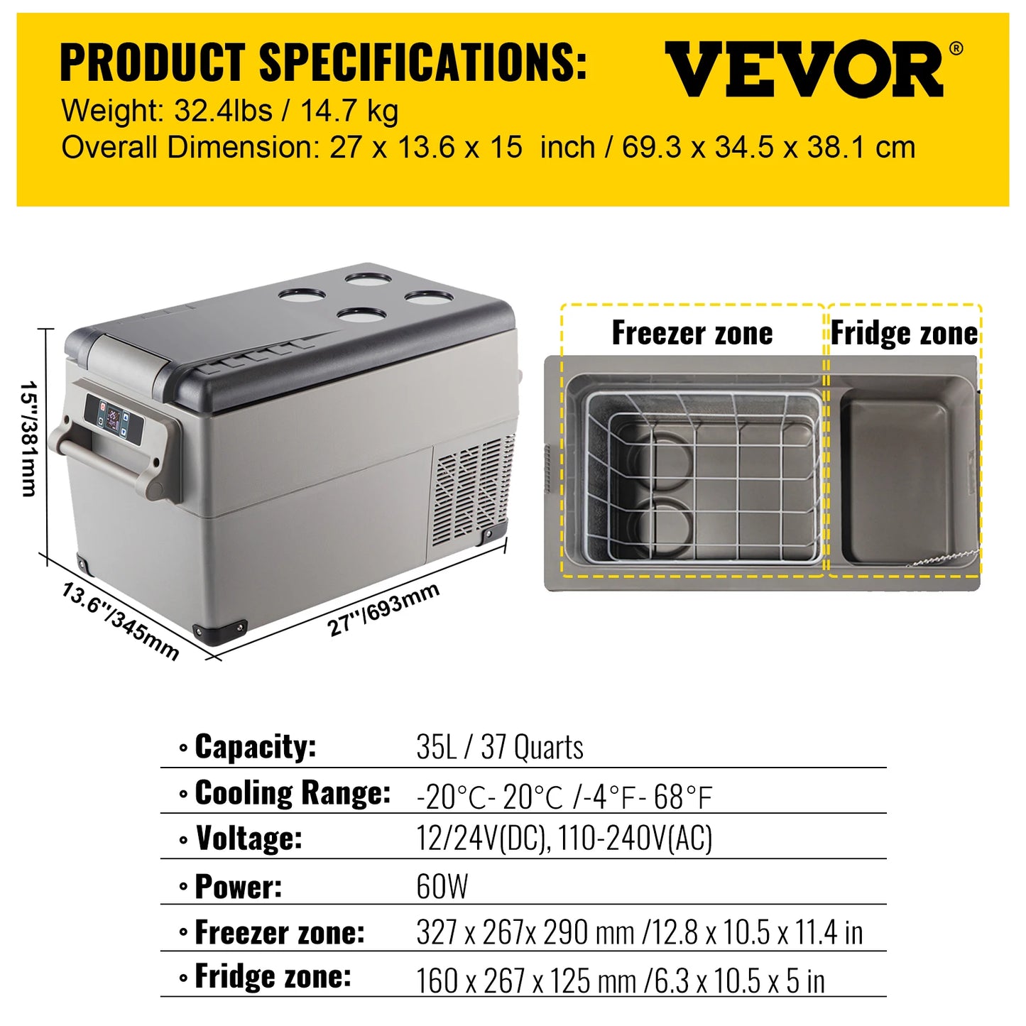 VEVOR Portable Car Refrigerator Compressor Cooler DC 110 to 240V
