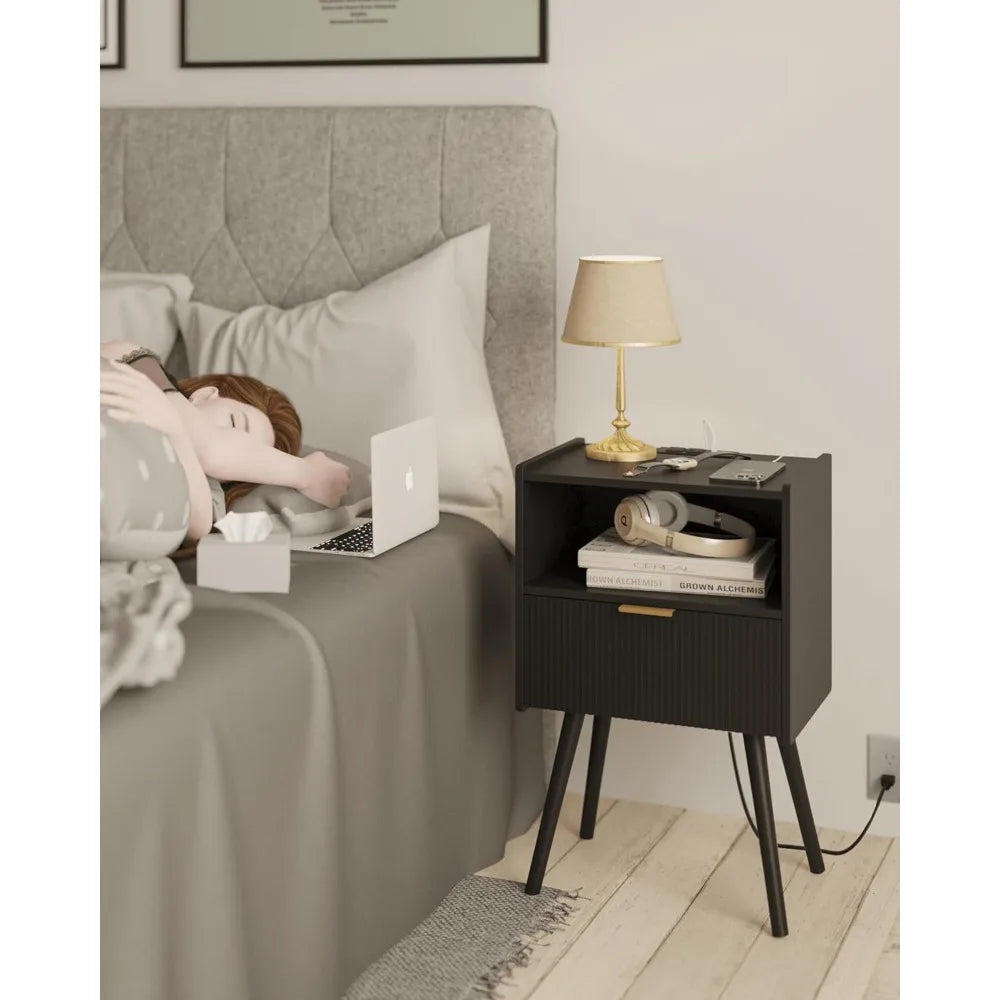 MKDK Nightstand With Outlet Modern Bedside Table And Storage