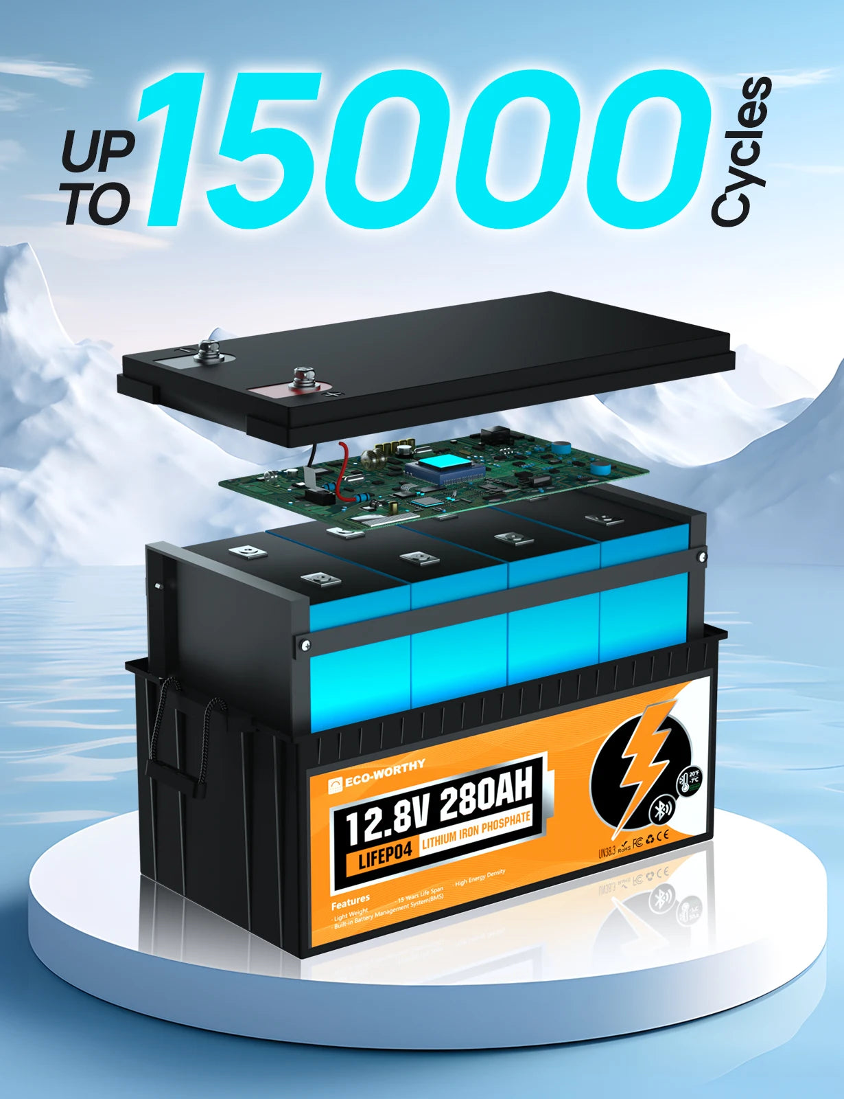 ECO-WORTHY 3584Wh 12V 280Ah LiFePO4 RV Battery w/Bluetooth & Low Temp Cutoff - Built-in 200A BMS - Deep Cycle for Camper, Traile