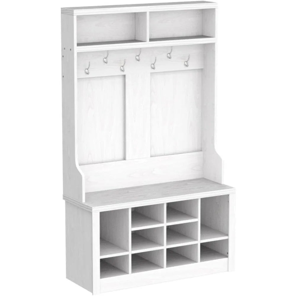 Hall Tree with Storage Bench, 3-in-1 Entryway Bench with Coat Rack, Adjustable Shoe Storage and Hanging Hooks, Embossed White