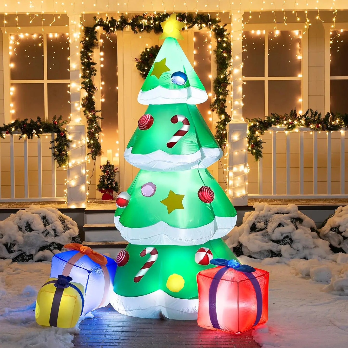 JOYFY 7 FT Christmas Tree Inflatables Outdoor Decoration Giant with 3 Gift Boxes Build-in LEDs for Blow Up Xmas Decoration
