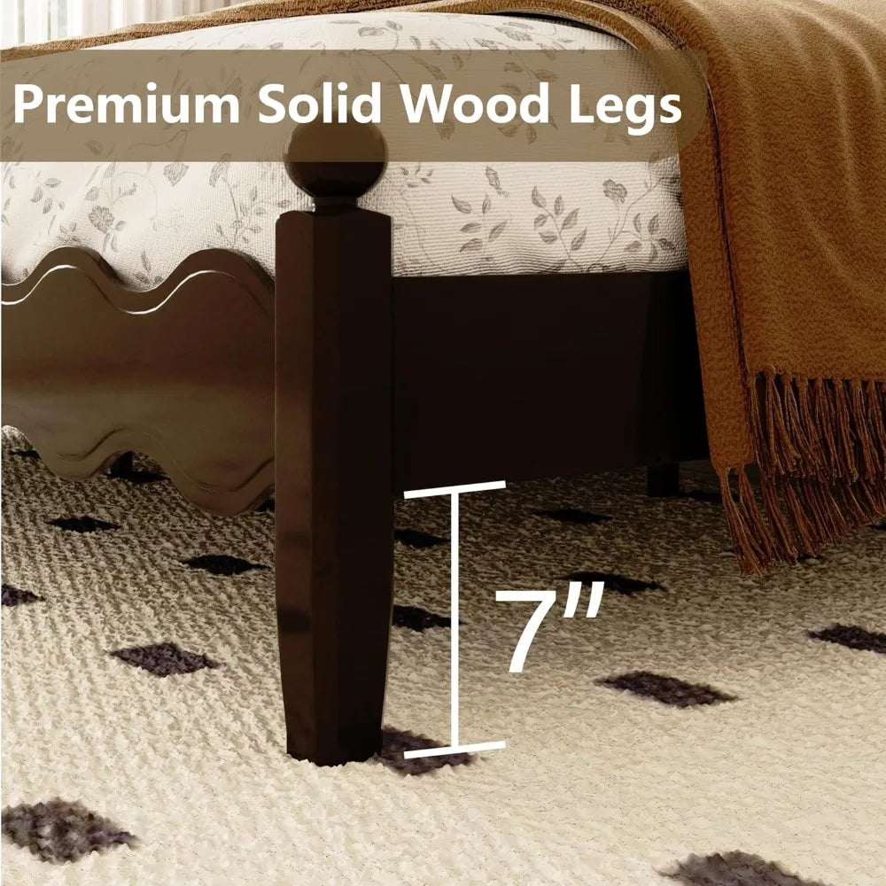 Frame Leather Upholstered Wood Bed Frame With Vintage Wave Headboard