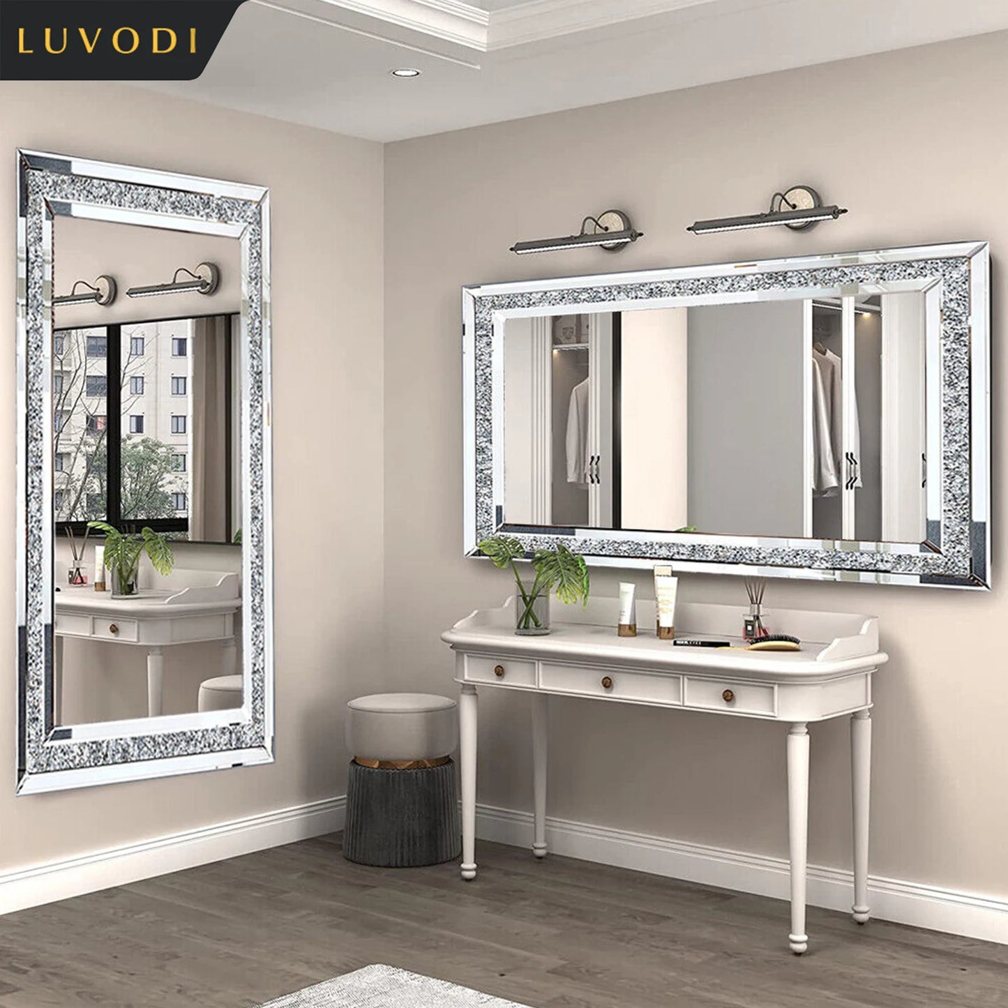LUVODI Frameless Vanity Mirror With Crystal Rhinestones