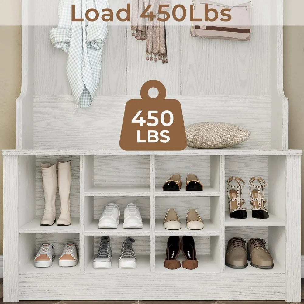 Hall Tree with Storage Bench, 3-in-1 Entryway Bench with Coat Rack, Adjustable Shoe Storage and Hanging Hooks, Embossed White