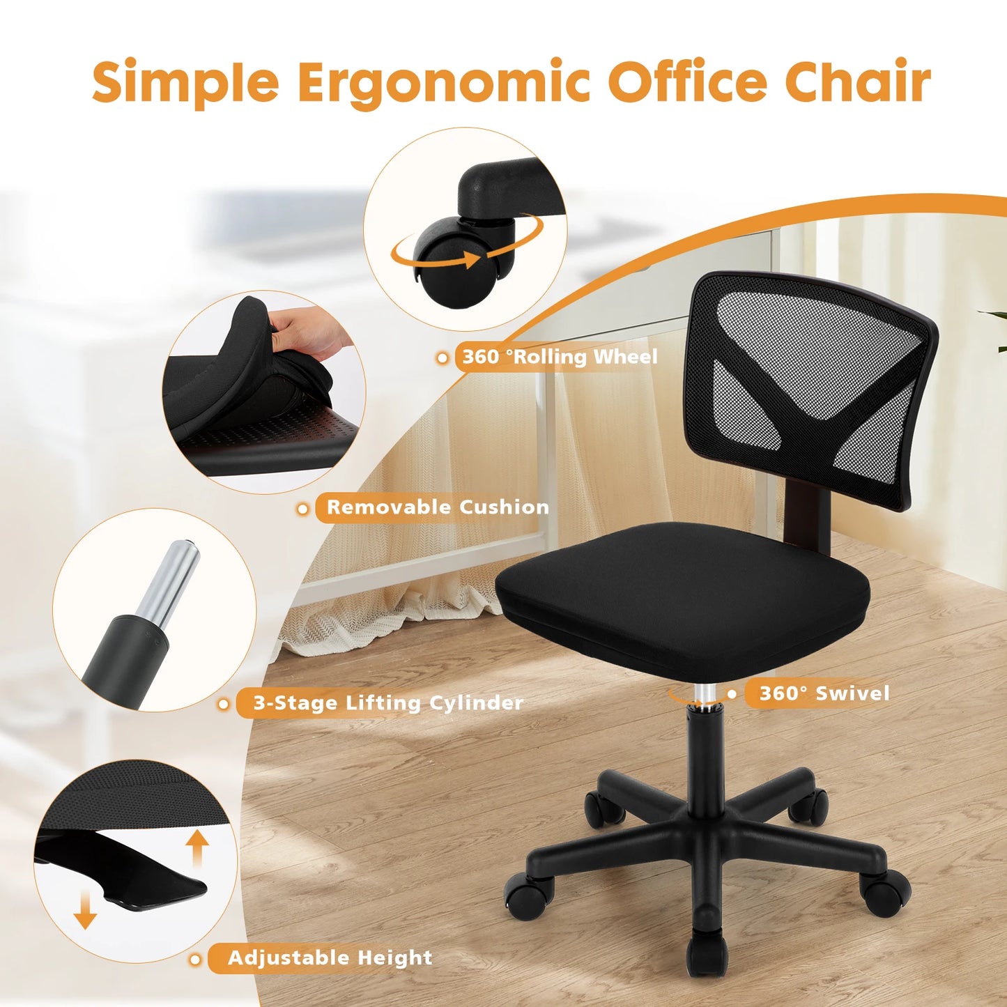 JHK Mesh Lumbar Support Armless Office Chair 360 Swivel