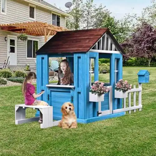 Outdoor Playhouse, Wooden Kids Play House w/Picnic Bench, Flowerpot Holders, Cottage Playhouse for Backyard, Garden, Lawn, Patio