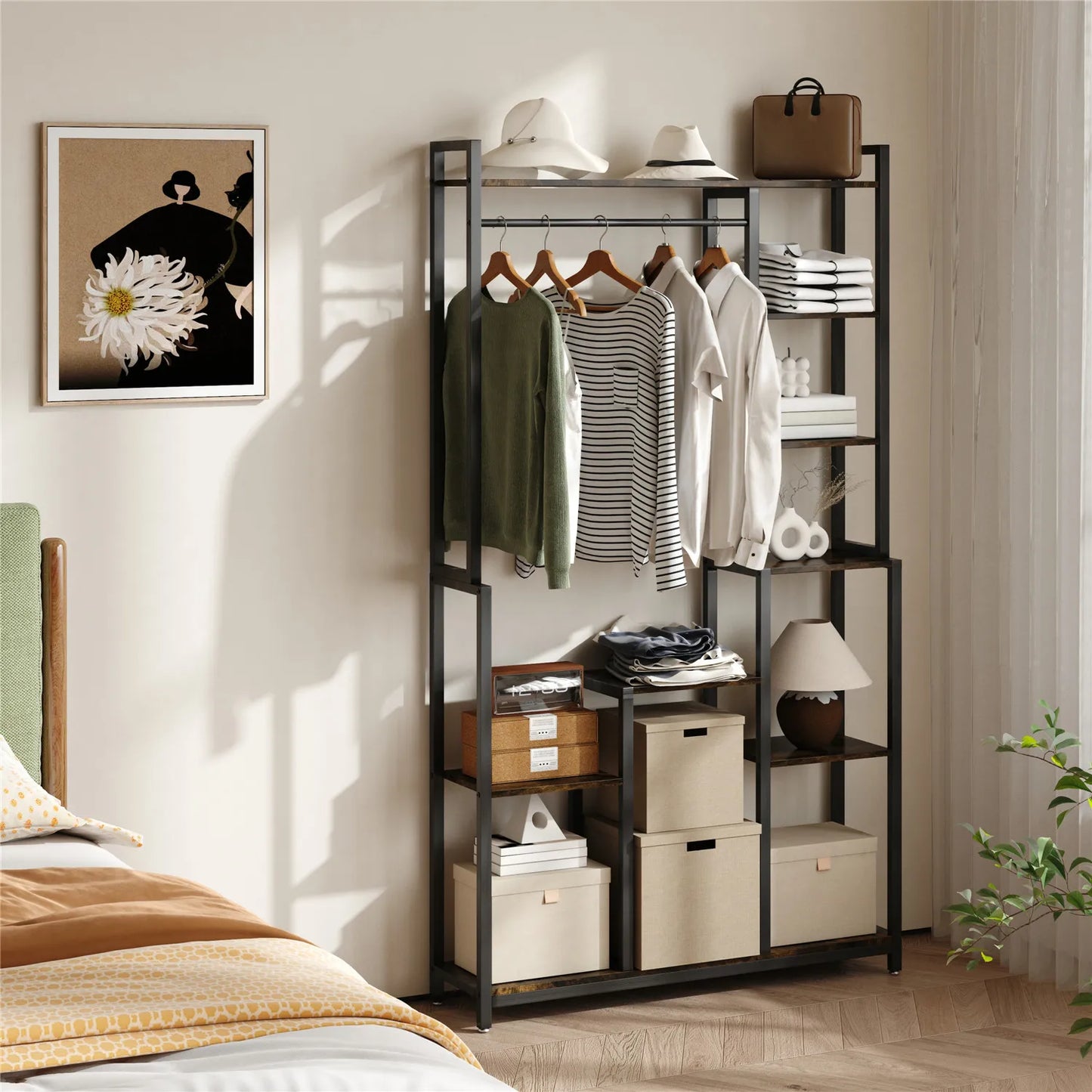 Open Garment Clothing Rack with Hanging Rod, Free-Standing Heavy Duty Storage Plant Stand for Plants, Flower, Books Decor Items