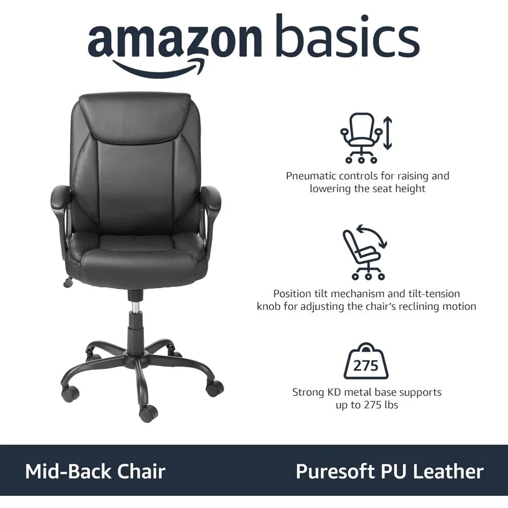 Mid-Back Office Chair With Armrests Faux Leather PU Seat