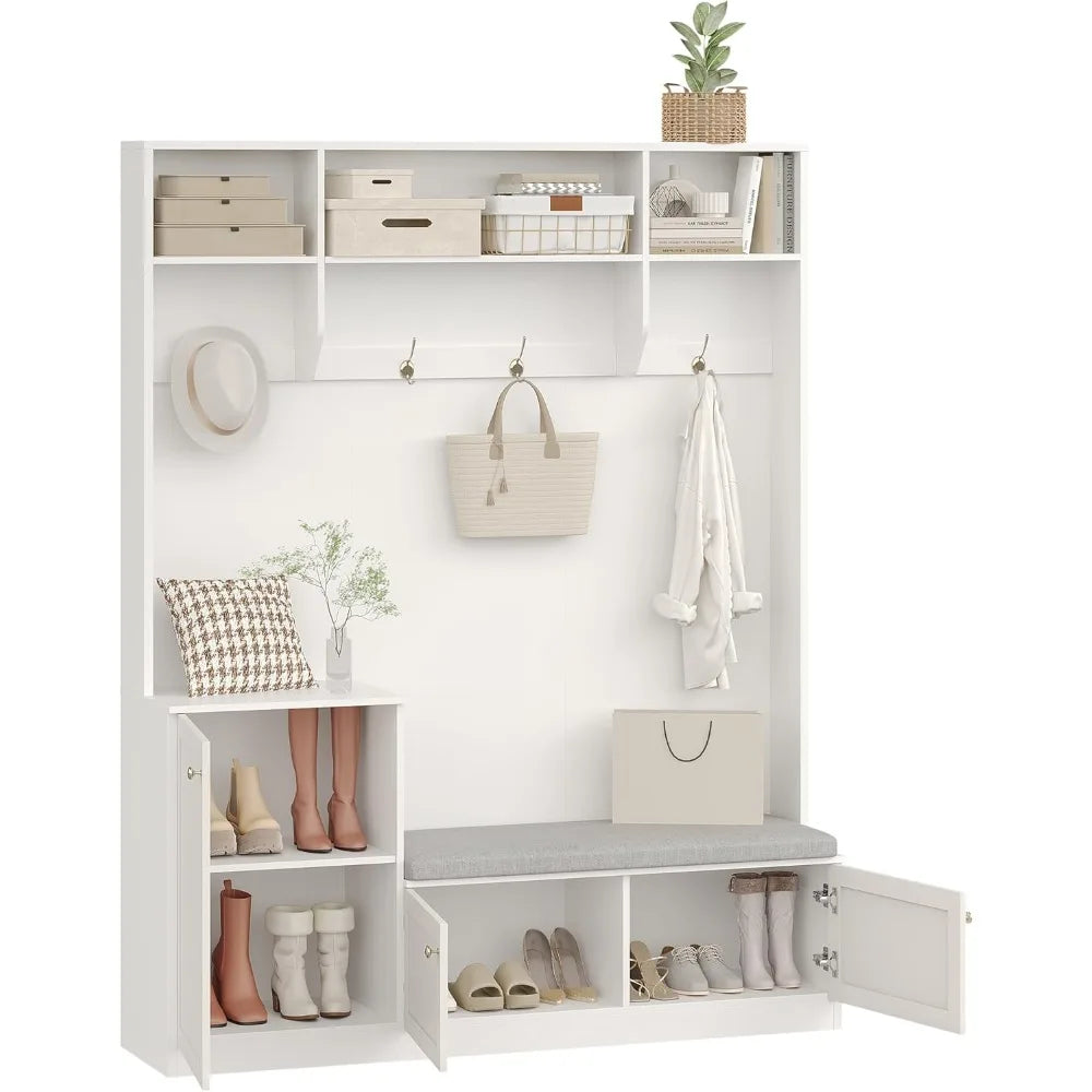 in Hall Tree 5-in-1 Modern Entryway Bench with Coat Rack & Storage, Hall Tree with 4 Hanging Hooks, 3 Open Compartments & Adjust
