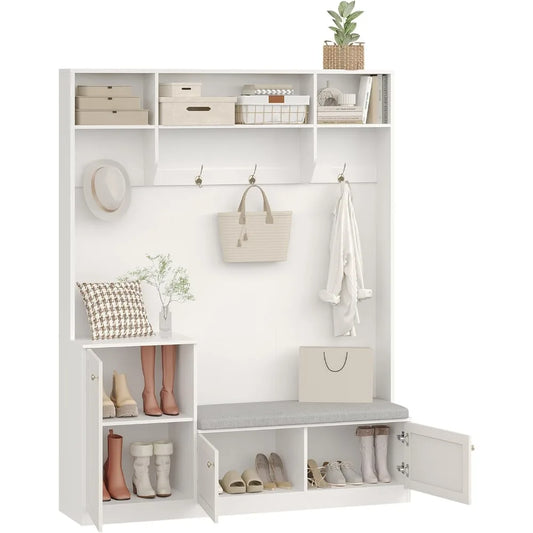 in Hall Tree 5-in-1 Modern Entryway Bench with Coat Rack & Storage, Hall Tree with 4 Hanging Hooks, 3 Open Compartments & Adjust
