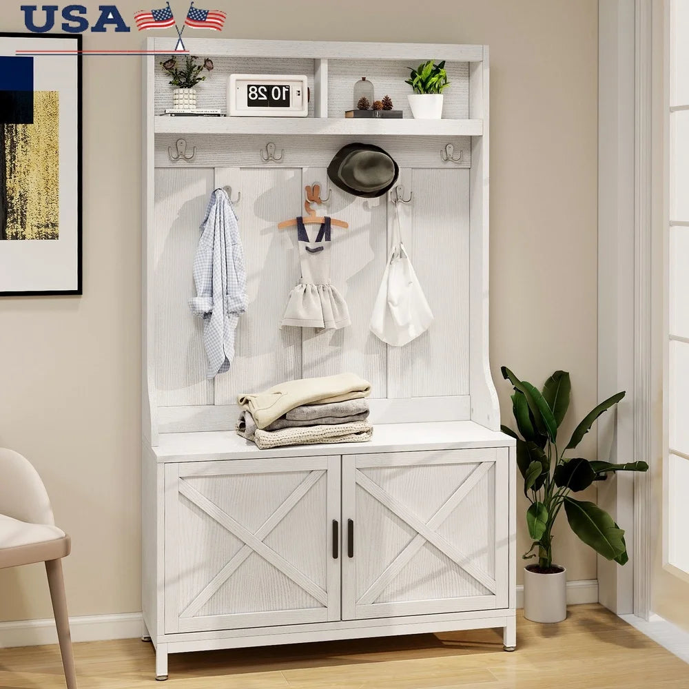 4-in-1 Hall Tree Coat Rack Storage Bench Shoe Cabinet Entryway Organizer with Adjustable Shelves Hooks Anti-Tip Design