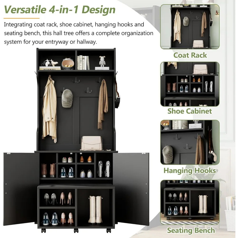 35.6" Farmhouse Wood Hall Tree with 7 Hanging Hooks & Shoe Storage Cabinet, 4-in-1 Coat Rack with 6 Brake Wheels for Entrance,H